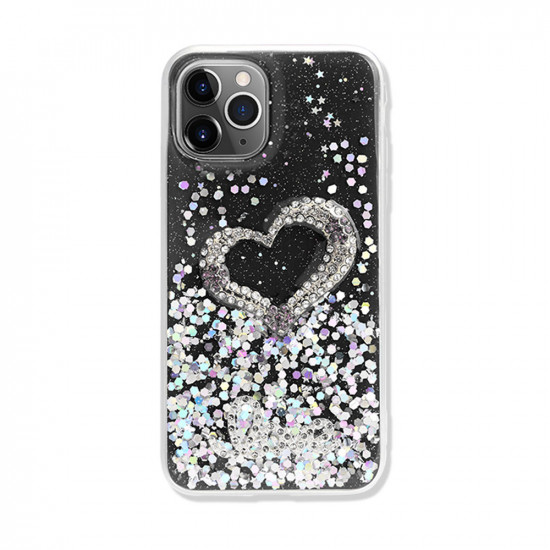 Love Heart Crystal Shiny Glitter Sparkling Jewel Case Cover for iPhone 12 / 12 Pro 6.1 (Black)