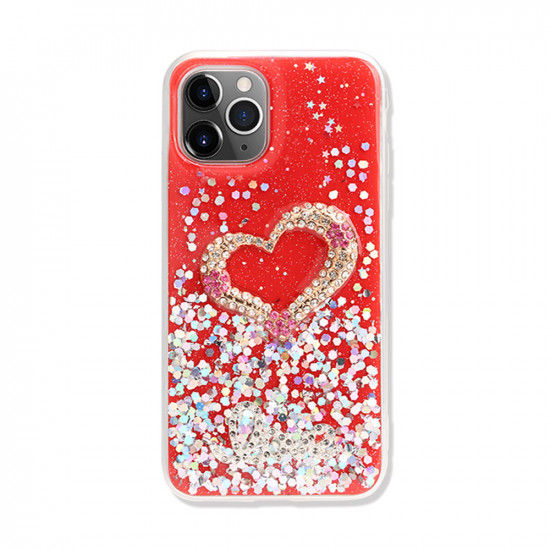 Love Heart Crystal Shiny Glitter Sparkling Jewel Case Cover for iPhone 12 / 12 Pro 6.1 (Red)