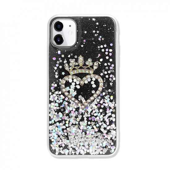 Star Crown Heart Crystal Shiny Glitter Sparkling Jewel Case Cover for iPhone 12 / 12 Pro 6.1 (Black)