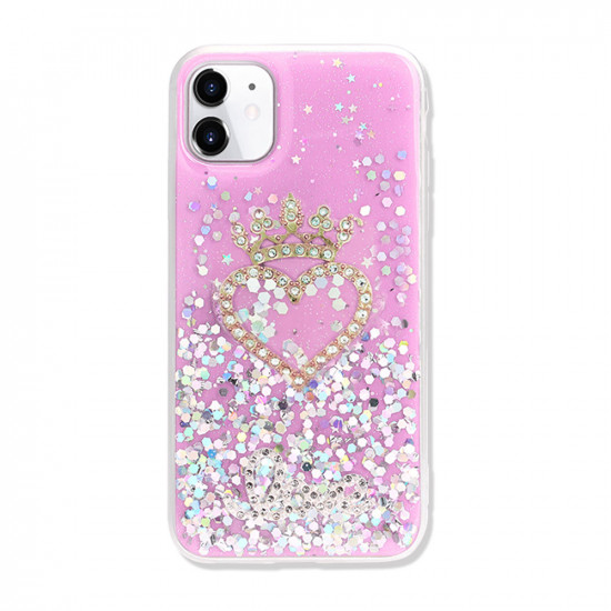 Star Crown Heart Crystal Shiny Glitter Sparkling Jewel Case Cover for iPhone 12 / 12 Pro 6.1 (Hot Pink)