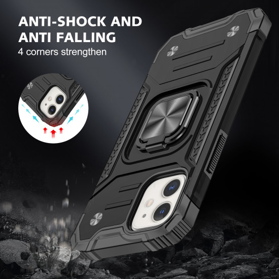Cube Style Armor Case with Rotating Ring Holder, Kickstand and Magnetic Car Mount Plate for iPhone 12 Pro Max 6.7 (Black)