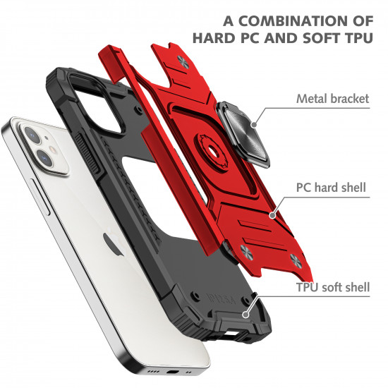 Cube Style Armor Case with Rotating Ring Holder, Kickstand and Magnetic Car Mount Plate for iPhone 12 Pro Max 6.7 (Red)