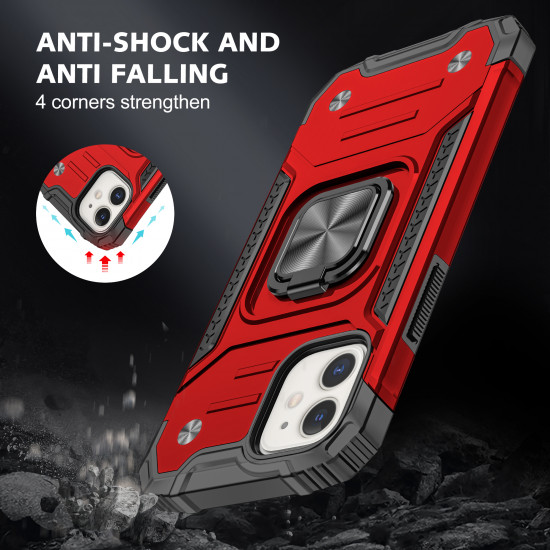 Cube Style Armor Case with Rotating Ring Holder, Kickstand and Magnetic Car Mount Plate for iPhone 12 Pro Max 6.7 (Red)