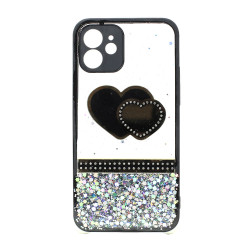Glitter Jewel Diamond Armor Bumper Case with Camera Lens Protection Cover for Apple iPhone 12 / 12 Pro 6.1 (Heart Black)