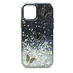 Glitter Jewel Butterfly Double Layer Hybrid Case Cover for Apple iPhone 12 / 12 Pro 6.1 (Black)