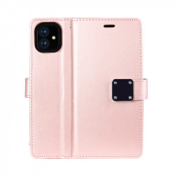 Multi Pockets Folio Flip Leather Wallet Case with Strap for iPhone 12 / 12 Pro 6.1 (Rose Gold)