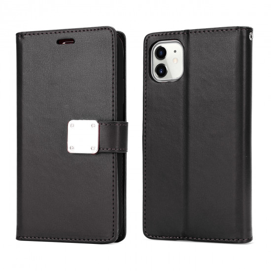 Multi Pockets Folio Flip Leather Wallet Case with Strap for iPhone 12 Pro Max 6.7 (Black)