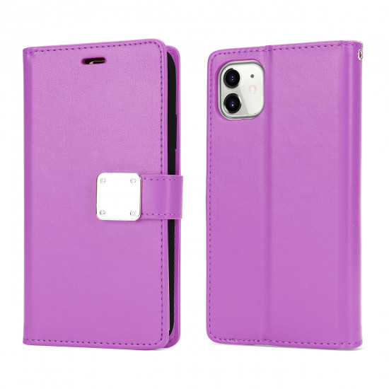 Multi Pockets Folio Flip Leather Wallet Case with Strap for iPhone 12 Pro Max 6.7 (Purple)