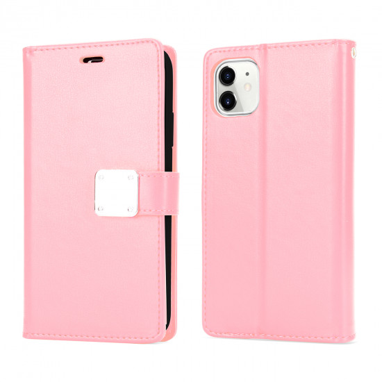 Multi Pockets Folio Flip Leather Wallet Case with Strap for iPhone 12 Mini 5.4 inch (Rose Gold)