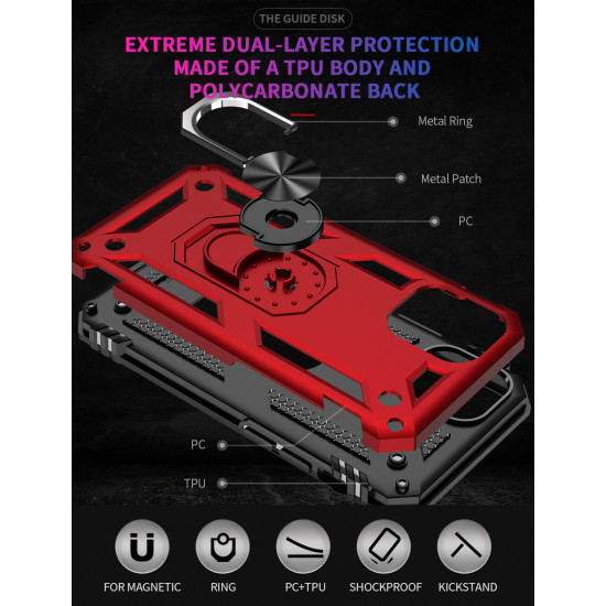 Tech Armor Ring Stand Grip Case with Metal Plate for iPhone 12 Mini 5.4 inch (Red)