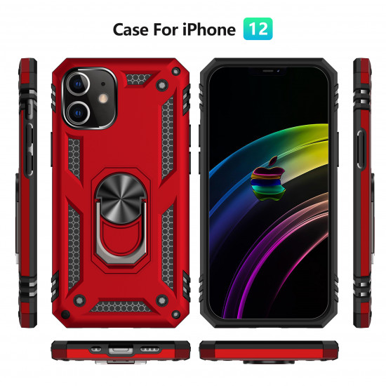 Tech Armor Ring Stand Grip Case with Metal Plate for iPhone 12 Mini 5.4 inch (Red)