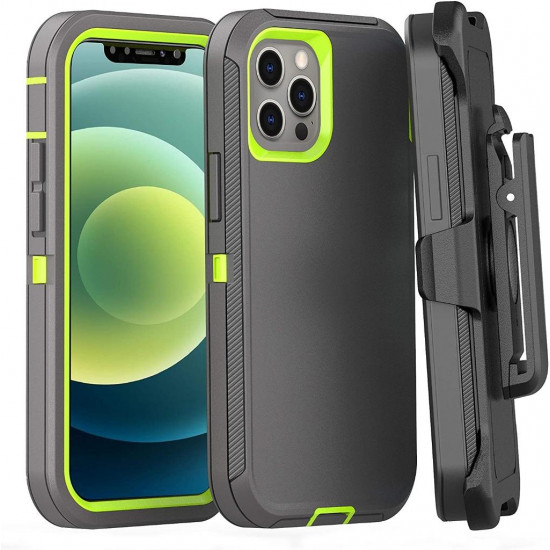 Premium Armor Heavy Duty Dual-Layer Case with Clip for iPhone 13 (6.1) -(Gray-Green)