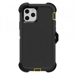 Premium Armor Heavy Duty Dual-Layer Case with Clip for iPhone 13 (6.1) -(Black-Yellow)