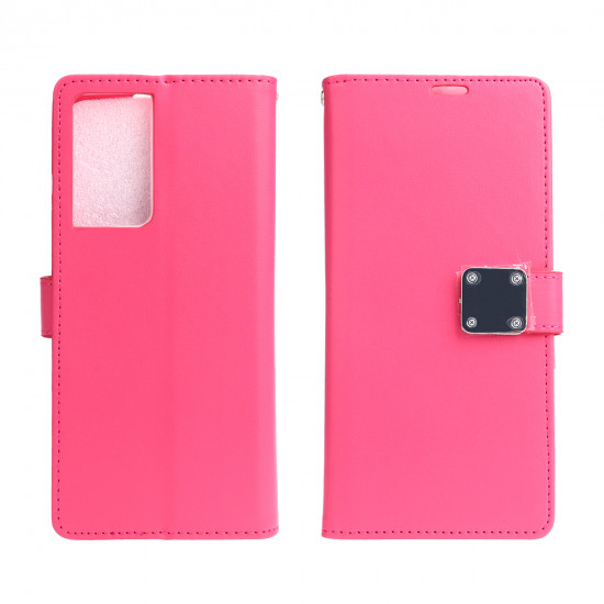 Multi Pockets Folio Flip Leather Wallet Case with Strap for Samsung Galaxy S21 Ultra 5G (Hot Pink)