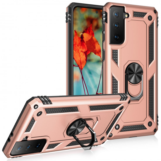 Tech Armor Ring Stand Grip Case with Metal Plate for Samsung Galaxy S21 Ultra 5G (Rose Gold)