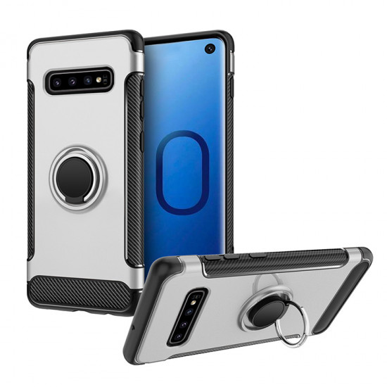 Galaxy S10 360 Rotating Ring Stand Hybrid Case with Metal Plate (Silver)