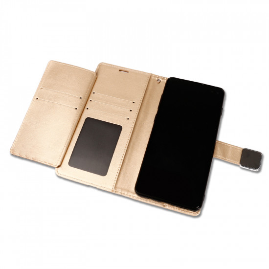 Galaxy S10e Multi Pockets Folio Flip Leather Wallet Case with Strap (Gold)