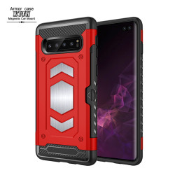 Galaxy S10e Metallic Plate Case Work with Magnetic Holder and Card Slot (Red)