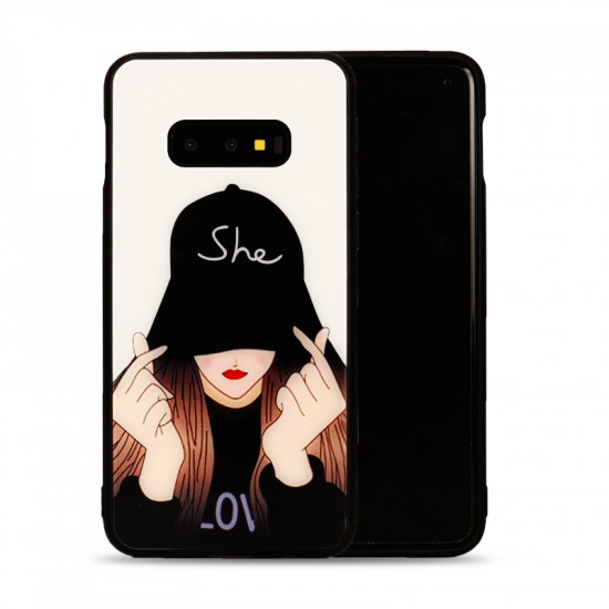 Galaxy S10e Design Tempered Glass Hybrid Case (She Girl)