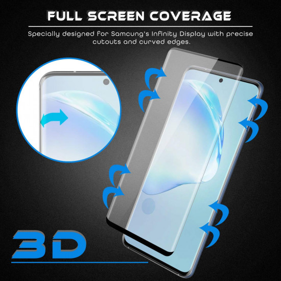 Galaxy S20+ Plus (6.7in) 3D Tempered Glass Full Screen Protector with Working Adhesive In Screen Finger Scanner (Black)