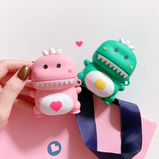 Cute Design Cartoon Silicone Cover Skin for Airpod (1 / 2) Charging Case (Pink Dinosaur)