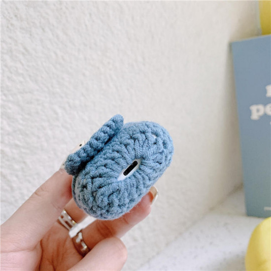 Cute Design Cartoon Handcraft Wool Fabric Cover Skin for Airpod (1 / 2) Charging Case (Bunny Navy Blue)