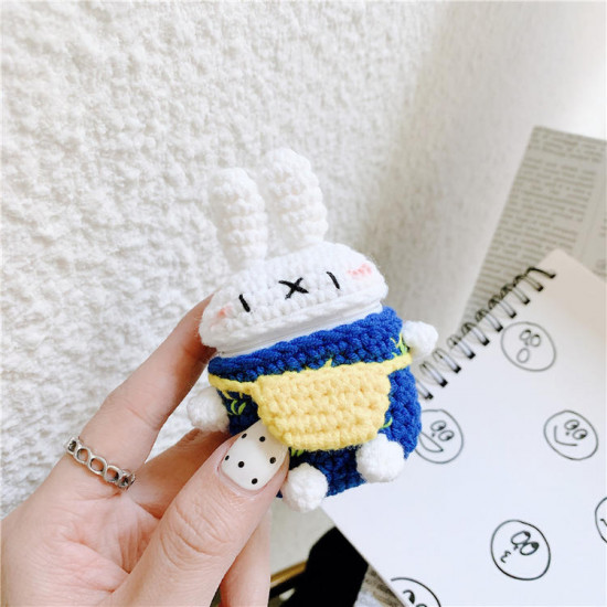 Cute Design Cartoon Handcraft Wool Fabric Cover Skin for Airpod (1 / 2) Charging Case (Bunny Navy Blue)