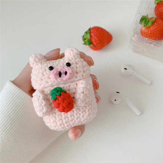 Cute Design Cartoon Handcraft Wool Fabric Cover Skin for Airpod (1 / 2) Charging Case (Strawberry Pig)