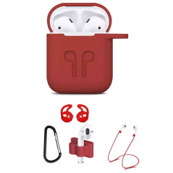 5 in 1 Accessories Kits Silicone Cover with Ear Hook Grips / Staps / Clip / Skin / Tips for Airpods 2 / 1 Charging Case (Red)