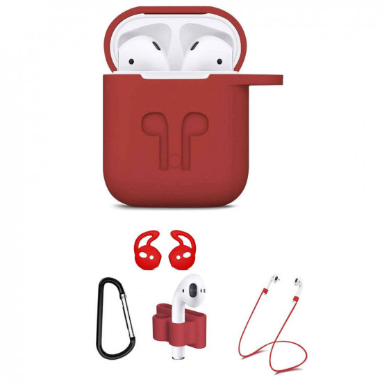 5 in 1 Accessories Kits Silicone Cover with Ear Hook Grips / Staps / Clip / Skin / Tips for Airpods 2 / 1 Charging Case (Red)