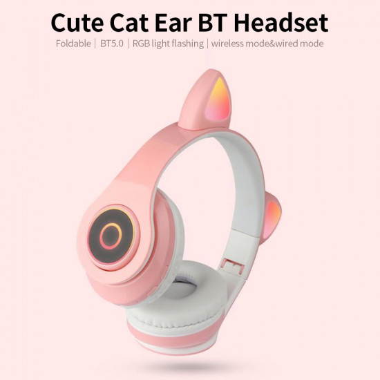 Bluetooth Wireless LED Cat Ear Headphones - Foldable, Built-in Mic, Universal Compatibility for Cell Phones, Laptops, Tablets (White)