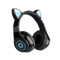 Bluetooth Wireless LED Cat Ear Headphones - Foldable, Built-in Mic, Universal Compatibility for Cell Phones, Laptops, Tablets (Black)