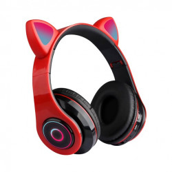 Bluetooth Wireless LED Cat Ear Headphones - Foldable, Built-in Mic, Universal Compatibility for Cell Phones, Laptops, Tablets (Red)