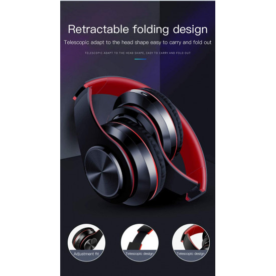 LED Bluetooth Wireless Foldable Headset with Mic, LED Light for Universal Devices - Adults, Kids, Work, Home, School (BlackRed)