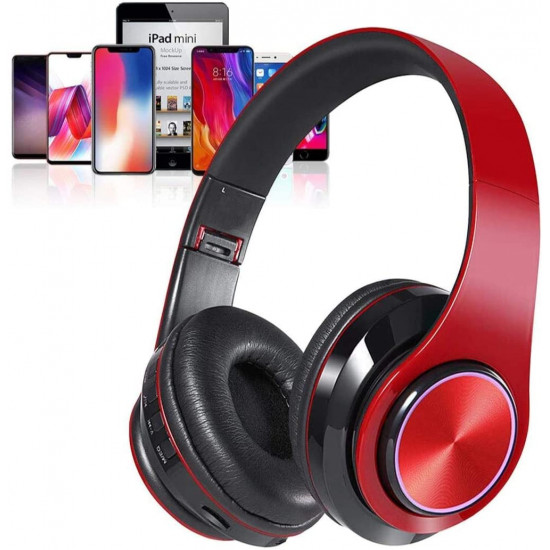 LED Bluetooth Wireless Foldable Headset with Mic, LED Light for Universal Devices - Adults, Kids, Work, Home, School (Red)