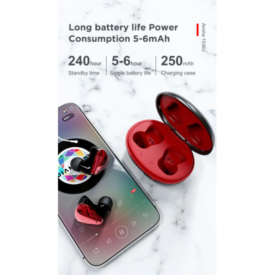 TWS Stereo 9D Sound True Wireless Earbuds P68, Bluetooth 5.0, Touch Control, Built-in Mic, 3D Bass, Perfect for Gaming & Music (Black-Red)