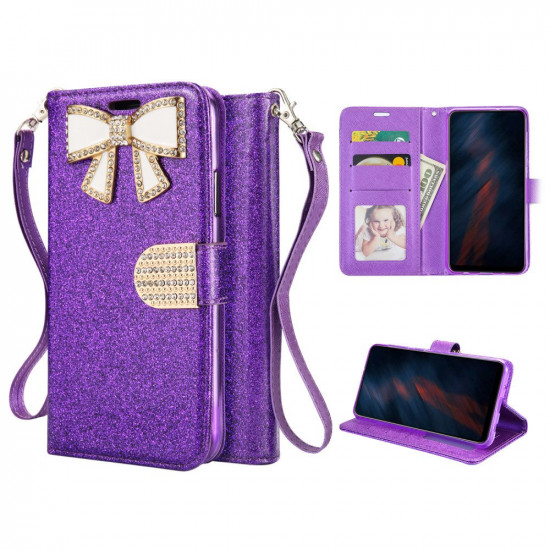 Ribbon Bow Crystal Diamond Wallet Case for Samsung Galaxy A71 5G (Purple)