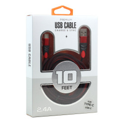 Type C 10FT Braided USB-C Cable - Strong & Durable Charge/Sync for Mobile Devices | Wholesale USB Data Charger (Red)