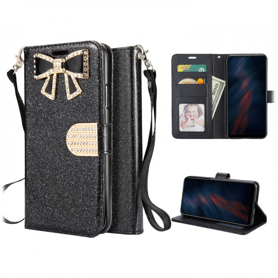 Ribbon Bow Crystal Diamond Wallet Case for Apple iPhone 11 Pro (Black)