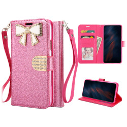 Ribbon Bow Crystal Diamond Wallet Case for Apple iPhone 11 Pro Max (HotPink)