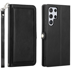 Premium PU Leather Folio Wallet Front Cover Case with Card Holder Slots and Wrist Strap for Samsung Galaxy S23 Ultra 5G (Black)