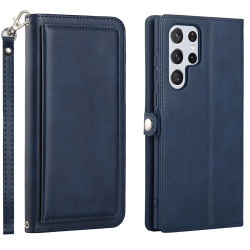Premium PU Leather Folio Wallet Front Cover Case with Card Holder Slots and Wrist Strap for Samsung Galaxy S23 Ultra 5G (Navy Blue)