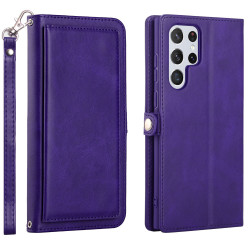 Premium PU Leather Folio Wallet Front Cover Case with Card Holder Slots and Wrist Strap for Samsung Galaxy S23 Ultra 5G (Purple)