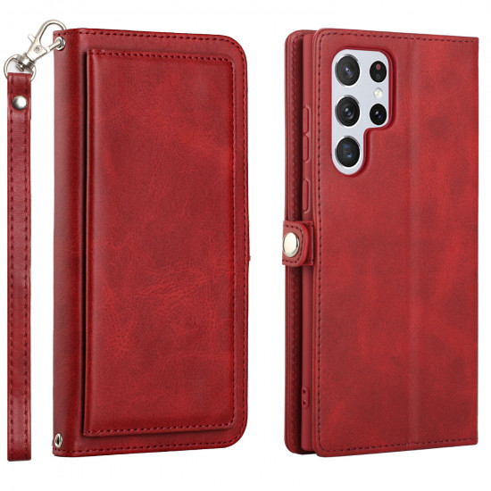 Premium PU Leather Folio Wallet Front Cover Case with Card Holder Slots and Wrist Strap for Samsung Galaxy S23 Ultra 5G (Red)