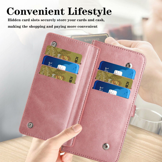 Premium PU Leather Folio Wallet Front Cover Case with Card Holder Slots and Wrist Strap for Samsung Galaxy S23 5G (Purple)