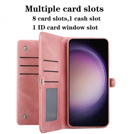 Premium PU Leather Folio Wallet Front Cover Case with Card Holder Slots and Wrist Strap for Samsung Galaxy S23 Plus 5G (Red)