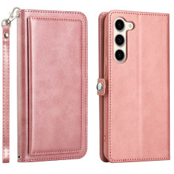 Premium PU Leather Folio Wallet Front Cover Case with Card Holder Slots and Wrist Strap for Samsung Galaxy S23 Plus 5G (Rose Gold)