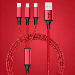 3-in-1 Strong Nylon USB 2.4A Charge & Sync Cable, Type-C, Micro V8V9, iPhone Lighting Port, 6FT - Universal Cell Phone & Device Adapter (Red)