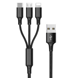 3-in-1 Strong Nylon USB 2.4A Charge & Sync Cable, Type-C, Micro V8V9, iPhone Lighting Port, 6FT - Universal Cell Phone & Device Adapter (Black)