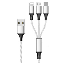 3-in-1 Strong Nylon USB 2.4A Charge & Sync Cable, Type-C, Micro V8V9, iPhone Lighting Port, 6FT - Universal Cell Phone & Device Adapter (Silver)